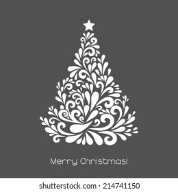 Abstract Christmas tree. Vector decoration made from swirl shapes. Greeting, invitation card. Simple decorative gray and white illustration for print, web.