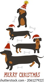 Abstract Christmas tree. Vector illustration. Merry Christmas greeting card with cute funny dachshund dogs wearing winter hats. Cute funny dogs. Character design.