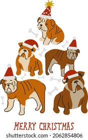 Abstract Christmas tree. Vector illustration. Merry Christmas greeting card with cute funny brown bulldog dogs wearing winter hats. Cute funny dogs. Character design.