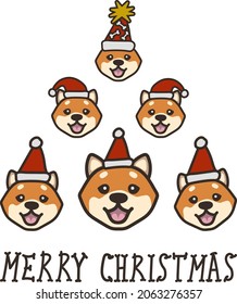 Abstract Christmas tree. Vector illustration. Merry Christmas greeting card with cute funny Shiba dogs wearing winter hats. Cute funny dogs. Character design.