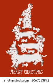 Abstract Christmas tree. Vector illustration. Merry Christmas greeting card with cute funny dachshund dogs wearing winter hats. Cute funny dogs. Character design.