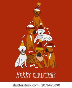 Abstract Christmas tree. Vector illustration. Merry Christmas greeting card with cute funny brown and white boxer dogs wearing winter hats. Cute funny dogs. Character design.