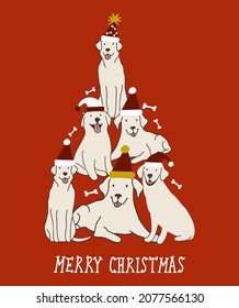 Abstract Christmas tree. Vector illustration. Merry Christmas greeting card with cute funny labrador retriever dogs wearing winter hats. Cute funny dogs. Character design.