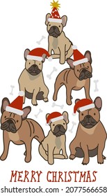 Abstract Christmas tree. Vector illustration. Merry Christmas greeting card with cute funny french bulldog dogs wearing winter hats. Cute funny dogs. Character design.