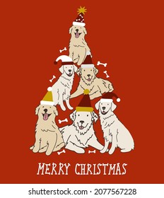 Abstract Christmas tree. Vector illustration. Merry Christmas greeting card with cute funny golden retriever dogs wearing winter hats. Cute funny dogs. Character design.