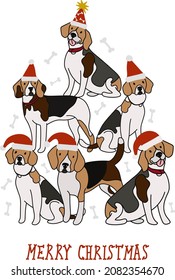 Abstract Christmas tree. Vector illustration. Merry Christmas greeting card with cute funny beagle dogs wearing winter hats. Cute funny dogs. Character design.