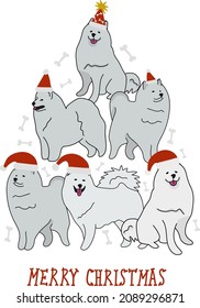 Abstract Christmas tree. Vector illustration. Merry Christmas greeting card with cute funny samoyed dogs wearing winter hats. Cute funny dogs. Character design.