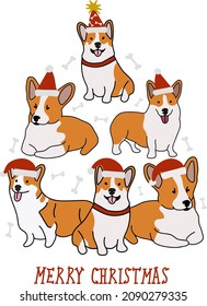 Abstract Christmas tree. Vector illustration. Merry Christmas greeting card with cute funny corgi dogs wearing winter hats. Cute funny dogs. Character design.