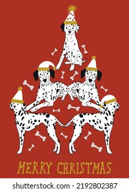 Abstract Christmas tree. Vector illustration. Merry Christmas greeting card with cute funny Dalmatians dogs wearing winter hats. Cute funny dogs. Character design.