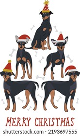 Abstract Christmas tree. Vector illustration. Merry Christmas greeting card with cute funny Pinscher dogs wearing winter hats. Cute funny dogs. Character design.