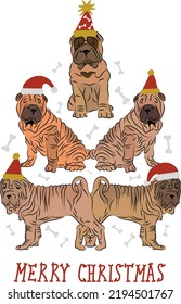 Abstract Christmas tree. Vector illustration. Merry Christmas greeting card with cute funny shar pei dogs wearing winter hats. Cute funny dogs. Character design.