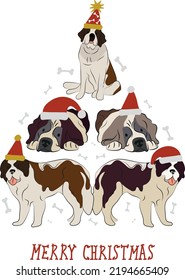 Abstract Christmas tree. Vector illustration. Merry Christmas greeting card with cute funny St. Bernard dogs wearing winter hats. Cute funny dogs. Character design.