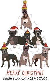 Abstract Christmas tree. Vector illustration. Merry Christmas greeting card with cute funny Pit Bull dogs wearing winter hats. Cute funny dogs. Character design.