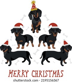 Abstract Christmas tree. Vector illustration. Merry Christmas greeting card with cute funny black dachshund dogs wearing winter hats. Cute funny dogs. Character design.