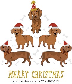 Abstract Christmas tree. Vector illustration. Merry Christmas greeting card with cute funny red dachshund dogs wearing winter hats. Cute funny dogs. Character design.