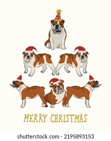 Abstract Christmas tree. Vector illustration. Merry Christmas greeting card with cute funny fawn and white english bulldog dogs wearing winter hats. Cute funny dogs. Character design. Isolated dog.