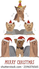 Abstract Christmas tree. Vector illustration. Merry Christmas greeting card with cute funny white Yorkshire terrier dogs wearing winter hats. Cute funny dogs. Character design. December present