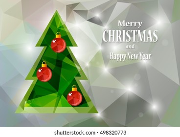Abstract Christmas tree vector illustration with red balls on a gray shining polygonal background. Seasonal greeting card design.