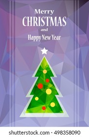Abstract Christmas tree vector illustration  on a blue polygonal background. Seasonal greeting card design.