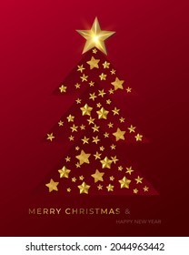 Abstract Christmas trees, gold stars and sparkling lettering Merry Christmas.Christmas and New Year card.