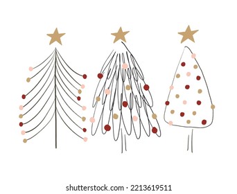 Abstract christmas trees in a modern and minimal sketched style. Holiday greeting card. 