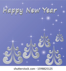 Abstract Christmas trees on a blue background with snowflakes and Happy New Year inscription.