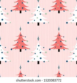 Abstract Christmas trees seamless pattern with 1950s flair. Pink, coral, black and white with textured background. Great for gift wrapping paper, decorations, textiles and home decor accents. Vector.