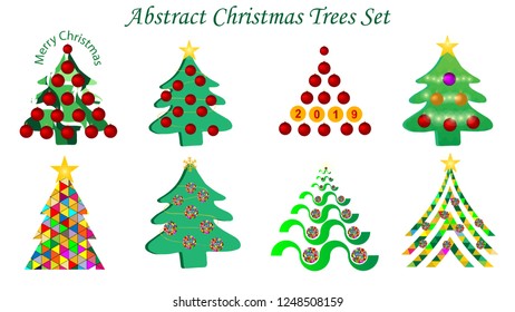 Abstract Christmas trees set. Vector illustration, EPS10.  Geometric patterns.  Happy Holidays, Christmas, New Year celebration concept. 