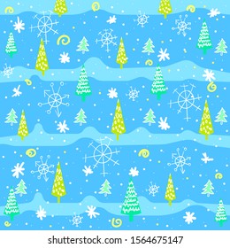 Abstract Christmas trees and snowflakes in the forest.