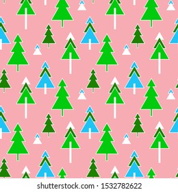 Abstract Christmas trees triangles and rectangles vector seamless pattern. Blue, green, white and pink background.
