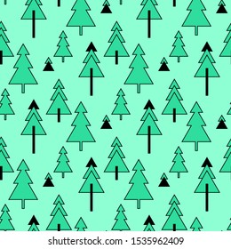 Abstract Christmas trees triangles and rectangles vector seamless pattern. Mint background.