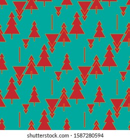 Abstract Christmas trees vector seamless pattern. Red and mint colors.