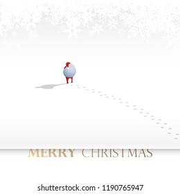Abstract Christmas vector background illustration with walking Santa Claus, his big bag full of presents and snowflake background around.