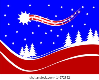 Abstrakte Weihnachtsvektorgrafik mit Stern auf einem bewachsenen Hügel mit Weihnachtsbaum