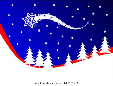 An abstract christmas vector background illustration with a blue comet on a deep blue sky above a tree lined hill