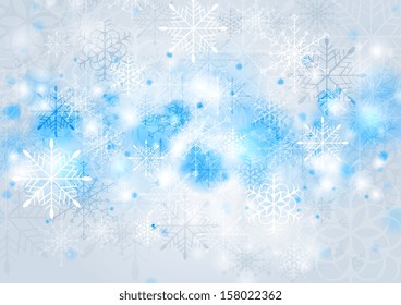Abstrakter WeihnachtsVektorgrafik-Hintergrund. Blaues, glänzendes Lichtdesign und Schneeflocken