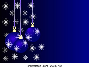 An abstract Christmas vector illustration with blue baubles on a darker backdrop with white snowflakes and room for text