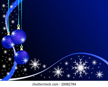 Eine abstrakte WeihnachtsVektorgrafik mit blauen Baubeln auf dunklerer Hintergrund mit weißen Schneeflocken und Platz für Text