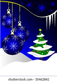 Eine abstrakte WeihnachtsVektorgrafik mit blauen Baubeln auf dunkleren Hintergrund mit weißer Winterszene und Textraum