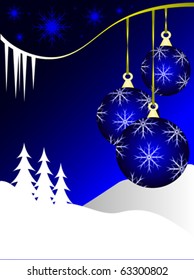 Una abstracta ilustración vectorial de Navidad con baudibles azules en un fondo más oscuro con una escena de invierno blanca y espacio para texto