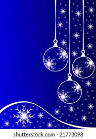 An abstract Christmas vector illustration with clear white outline baubles on a blue backdrop with white snowflakes and room for text