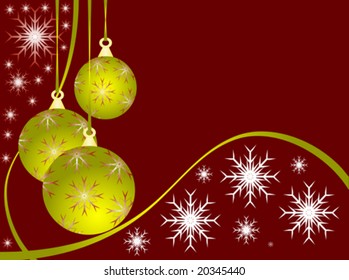 An abstract Christmas vector illustration with gold baubles on a darker red backdrop with white snowflakes and room for text