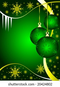 An abstract Christmas vector illustration with green baubles on a darker backdrop with gold snowflakes and room for text