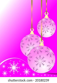 Eine abstrakte WeihnachtsVektorgrafik mit rosafarbenen Baubeln auf dunklerem Hintergrund mit weißen Schneeflocken und Platz für Text