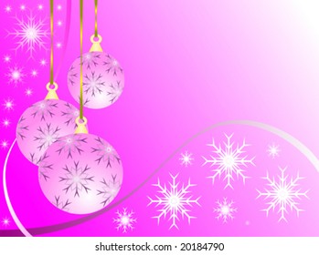 An abstract Christmas vector illustration with a pink baubles on a darker backdrop with white snowflakes and room for text