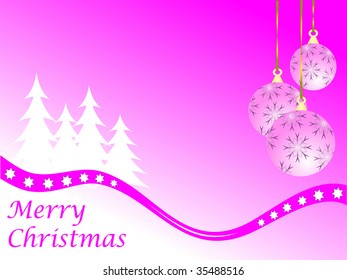 An abstract Christmas vector illustration with  pink baubles on a darker backdrop with white trees and room for text