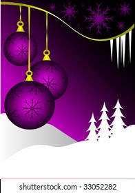 An abstract Christmas vector illustration with  purple baubles on a graduated backdrop with a white winter scene and room for text