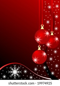 Eine abstrakte WeihnachtsVektorgrafik mit roten Bläschen auf dunklerem Hintergrund mit weißen Schneeflocken und Platz für Text