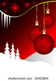 Una abstracta ilustración vectorial de Navidad con baudibles rojos en un fondo más oscuro con una escena de invierno blanca y espacio para texto