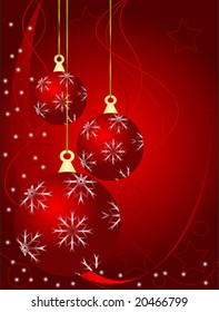 Eine abstrakte WeihnachtsVektorgrafik mit roten Bläschen auf dunklerem Hintergrund mit weißen Schneeflocken und Platz für Text